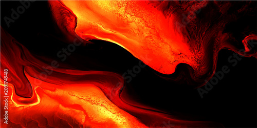 Fotografija Abstract visualization of vibrant molten lava flowing and swirling, creating a dramatic, energetic display of intense heat and glowing magma against a deep black background
