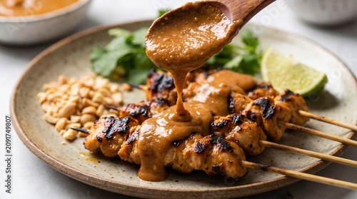 Chicken satay skewers with peanut sauce pouring