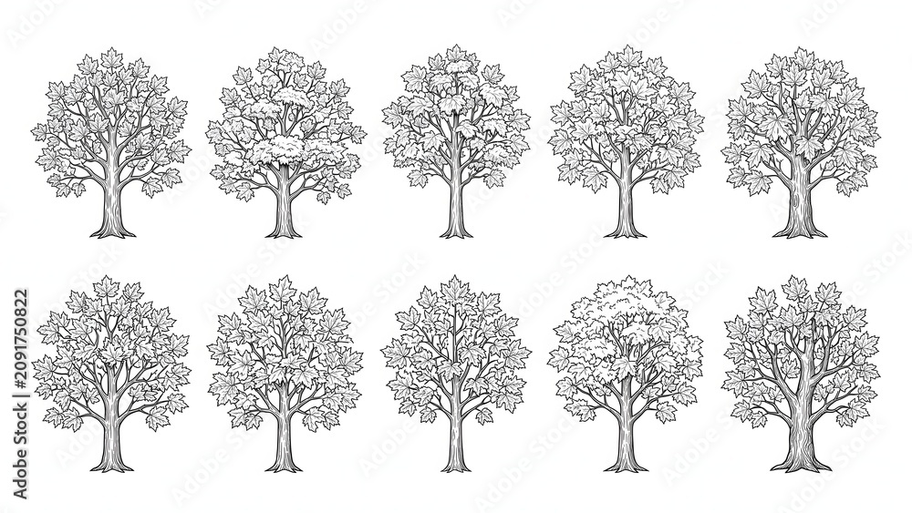 Fototapeta premium Set of Hand Drawn Star Leaf Maple Trees Vector Illustration