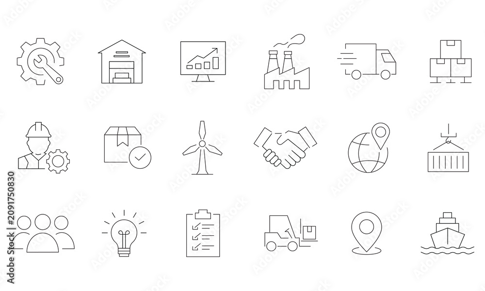Fototapeta premium Industrial logistics and supply chain thin line icons set.Editable stroke, Vector illustration, Line art Icon, Symbols.