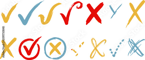 Hand drawn check marks and cross symbols, colorful brush stroke tick and x icons set, creative voting and survey vector elements for business