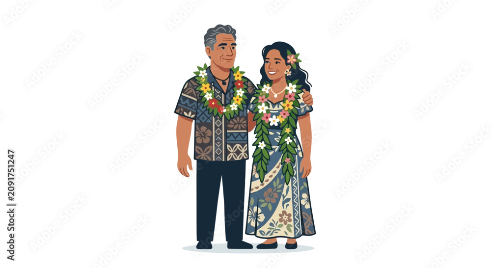 Fototapeta premium Happy polynesian couple in tropical summer outfits with flower leis