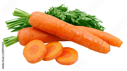 Schilderij op canvas Fresh orange carrots with green leafy tops and slices, isolated on transparent b