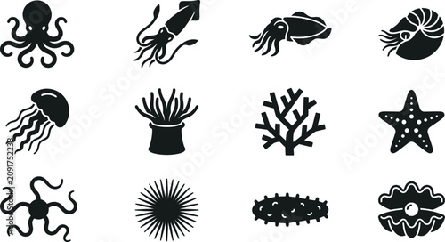 Foto Set of various sea creatures and marine animals black silhouette icons