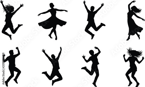 Fotografía Jumping and dancing people silhouettes set featuring happy expressive men and wo