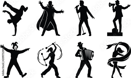 Obraz na płótnie Performance artists and entertainers silhouette collection featuring diverse sta