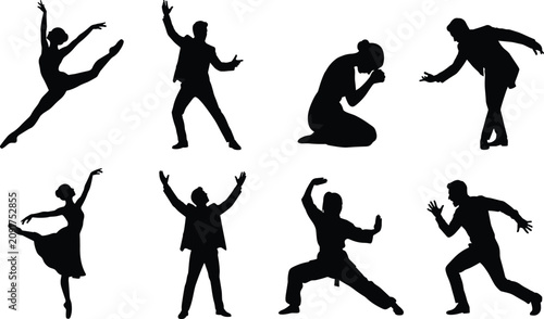 Bild auf Leinwand Performing arts and theatrical movement silhouettes set featuring ballet dancer