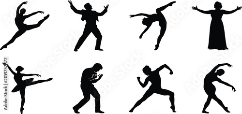  Performing arts silhouettes set featuring ballet dancers theatrical actors and opera singers in expressive dramatic poses