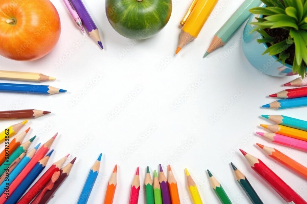 Naklejka premium Flatlay showcasing assorted school items against pure white Perfect for educational campaigns , equipment, supplies, educational material