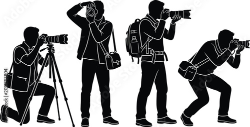 Foto Photographer, camera crew, silhouette icons, black and white, vector graphics, p
