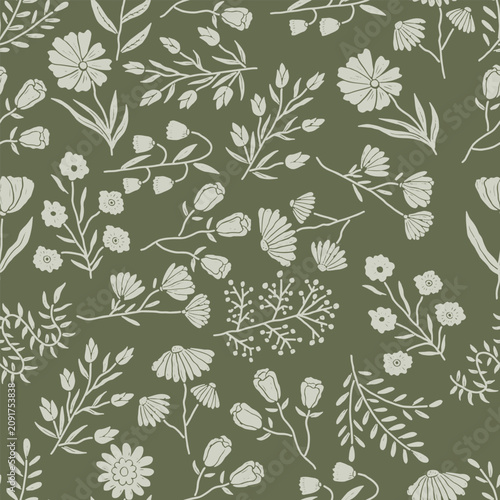 Minimalist olive green wildflower seamless pattern, hand drawn botanical branches with daisy and rose buds vector repeat background for fabric and wrapping paper