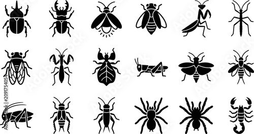 Cuadro en lienzo Set of black insect and arachnid icons.
