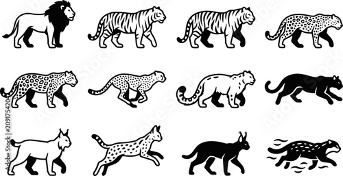 Konstfotografi Set of wild cats and predatory animals in black and white illustration