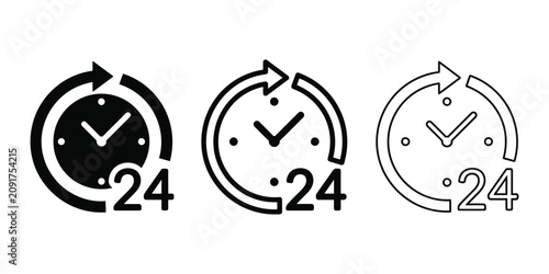 24 hours icon silhouette vector, bold outline and line art design