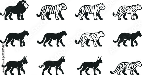 Bild auf Leinwand Set of wild cat animal icons and silhouettes for design.