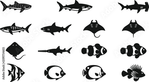 Bild auf Leinwand Set of black and white silhouettes of various sea creatures and marine life
