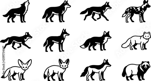 Schilderij op canvas Set of wild canine silhouettes featuring wolves foxes and jackals