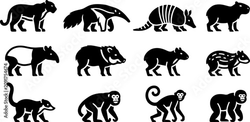 Photos Collection of black silhouette icons representing various wild South American animals