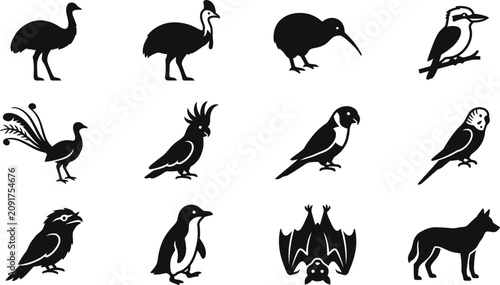 Cuadro en lienzo Collection of black and white Australian animal silhouettes icons