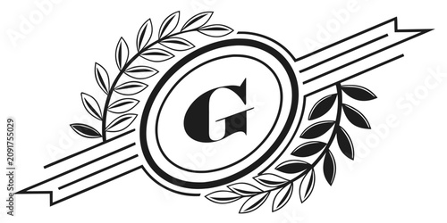 Letter G sits prominently within an oval frame decorated with laurel leaves and ribbons to form a classic emblem or monogram.
