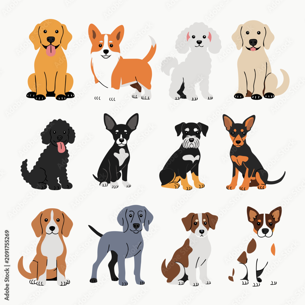 Obraz premium Collection of cute cartoon dogs of various breeds