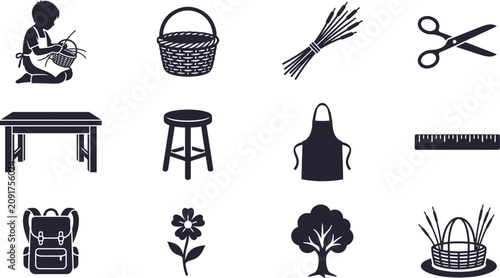 Foto Collection of black and white icons for gardening and craft activities