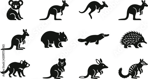Photography Set of Australian wildlife icons featuring native animals silhouettes