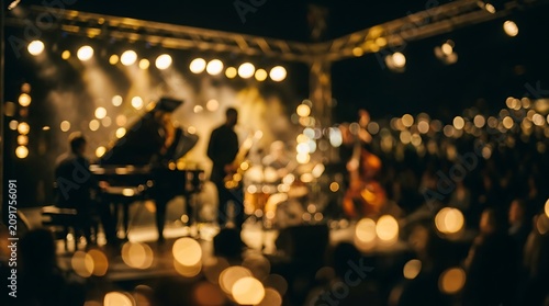 Warm, blurred lights dance around a live musical performance, evoking a dreamlike and soulful concert experience