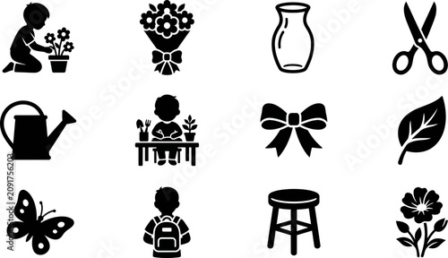 Foto Set of black and white gardening and nature related vector icons.