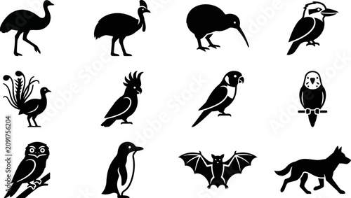 Foto Collection of black and white Australian wildlife and bird silhouettes