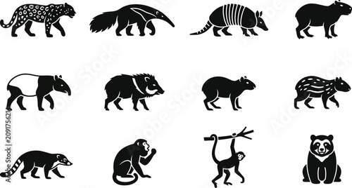 Quadro su tela Set of wild South American animal icons in black and white style.