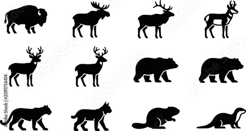 Tableau sur toile Set of wild animals and forest creatures black silhouettes collection