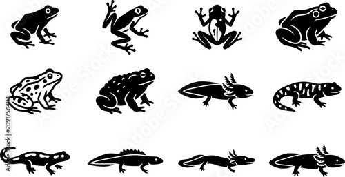 Cuadro en lienzo Collection of black and white amphibian and reptile silhouettes.