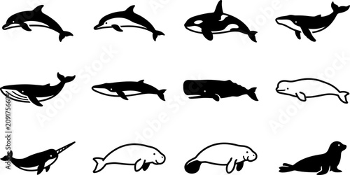Konstfotografi Set of silhouettes representing various marine mammals and aquatic animals