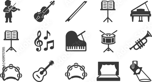 Photography Set of musical instruments and music related doodle icons.