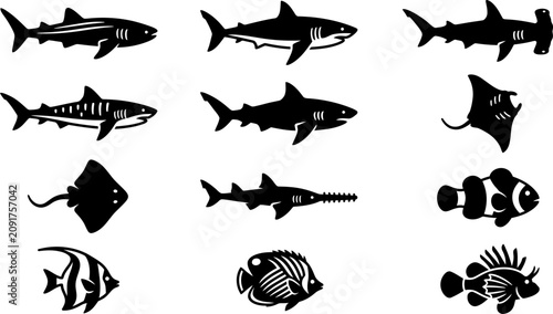 Foto Set of black and white silhouettes of various sea creatures and sharks