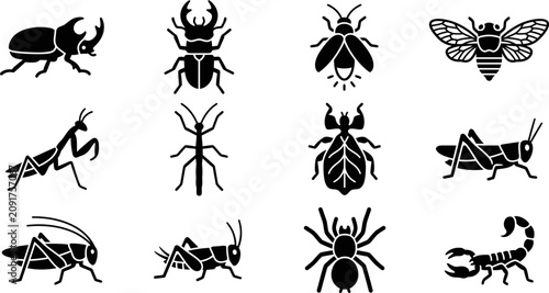 Tableau sur toile Collection of various insect and arachnid icons in flat black style