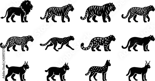 Canvas Print Set of wild cat silhouettes including lions tigers and leopards.