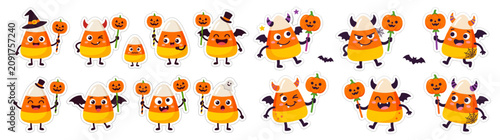Collection of Cute Candy Corn Monsters with Pumpkin Lollipops Halloween Sticker Pack Flat Vector Set Isolated on Transparent Background