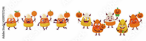 Cute Candy Corn Monsters with Pumpkin Lollipops Halloween Sticker Collection Flat Vector Set Isolated on Transparent Background