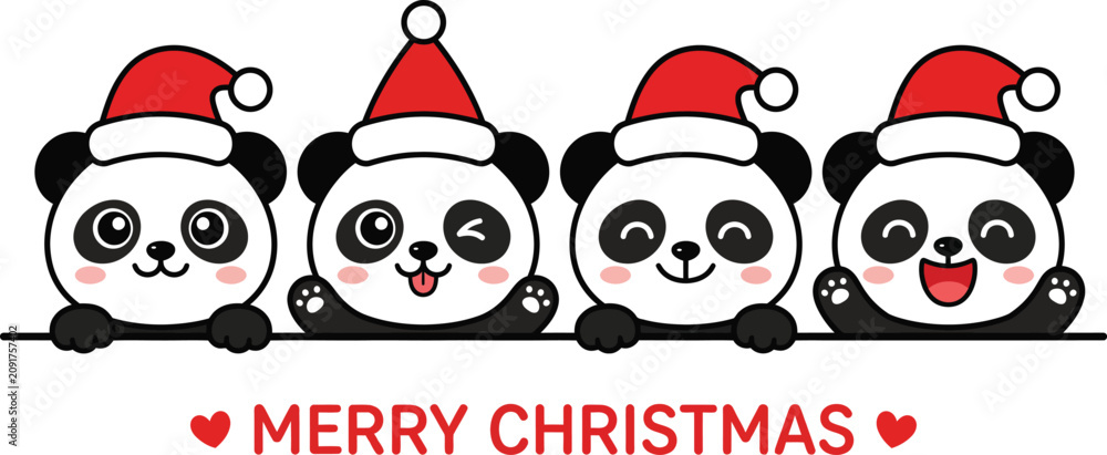 Fototapeta premium Four cartoon pandas wearing santa hats celebrating merry christmas with festive cheer