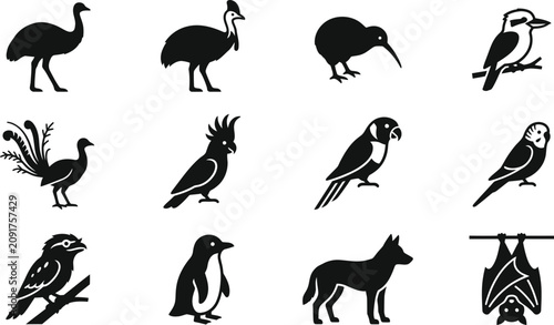 Foto Set of black and white silhouettes of Australian native animals and birds