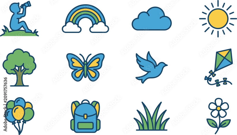 Obraz premium Set of colorful nature and outdoor activity icons.
