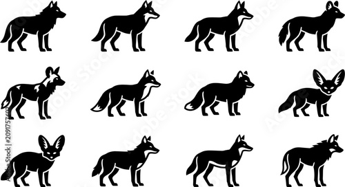 Obraz na płótnie Collection of black silhouette icons representing different types of wild canine animals