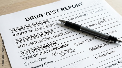 Hand Filling Drug Test Report Form on Medical Document with Pen Close Up