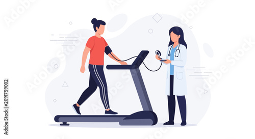 Doctor monitoring patient's heart rate and blood pressure on treadmill during stress test, medical examination, cardiovascular health check.