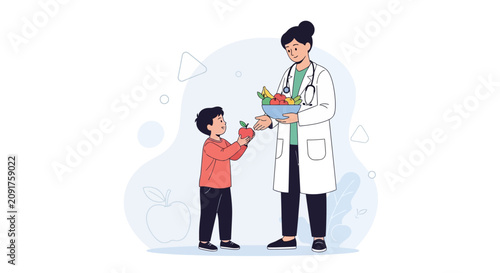 Doctor nutritionist gives healthy food advice to child, promoting healthy eating habits and balanced diet with fruits and vegetables.