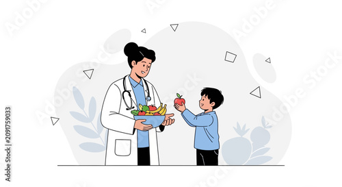 Doctor offers healthy fruits to child, promoting good nutrition and pediatric health with a friendly illustration style.