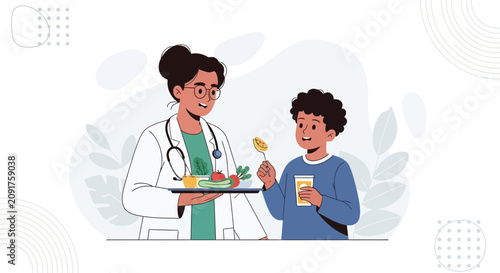 Doctor offers healthy food to child, promoting good nutrition and diet for kids' health and well-being