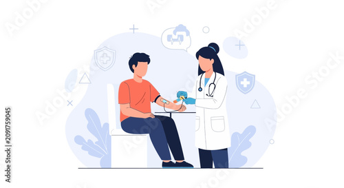 Doctor performing blood draw on patient, medical illustration, healthcare concept